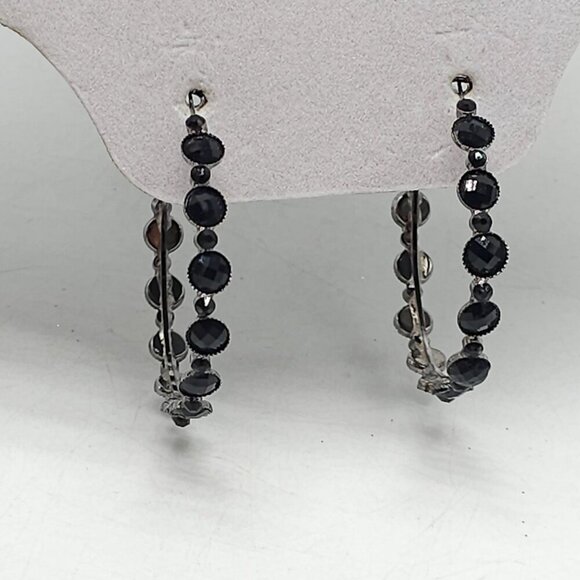 Black Rhinestone Silver-Tone Hoop Earrings 2" Round Vintage 1980s - Picture 2 of 5